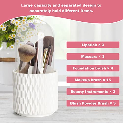 White Makeup Brush Holder Organizer with Lid - 360° Rotating Dustproof