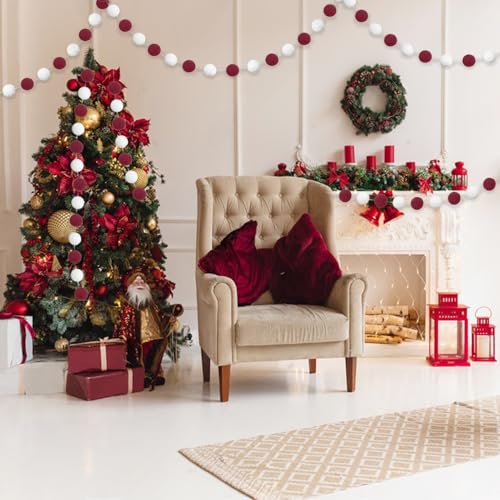 Maroon and White Pom Pom Garland - Set of 2, 8.3 ft Felt Ball Decorations