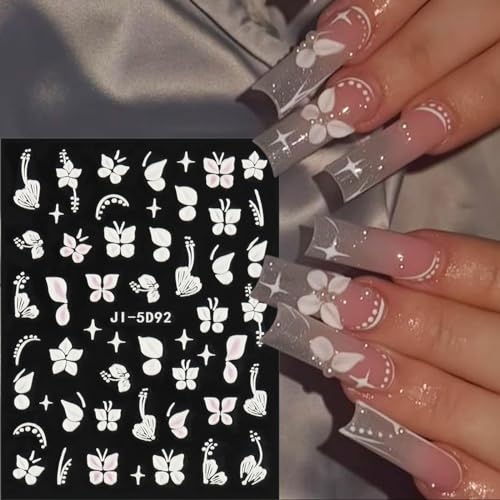 5D White Flower & Butterfly Nail Stickers - Self-Adhesive Decals