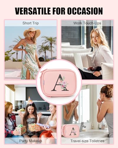 Personalized Initial Makeup Bag with LED Mirror - Pink
