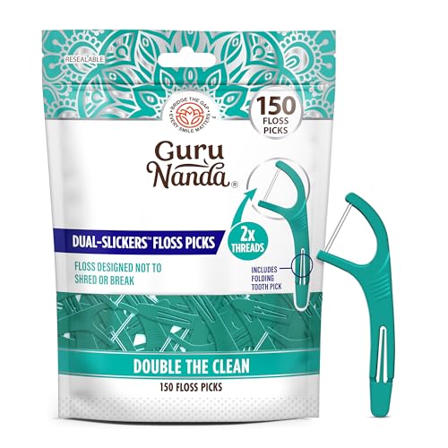 GuruNanda Dual Slickers Floss Picks 150 Ct - Double Threaded Dyneema Dental Floss with Foldable Toothpick - Unflavored, 1 Foot Pack