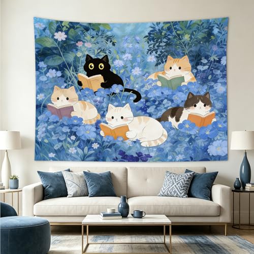 Blue Cat Garden Tapestry - 60x40 Inch Floral Wall Hanging