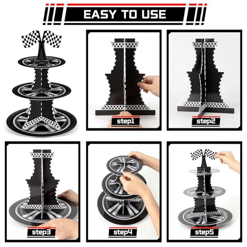 Race Car Cupcake Stand with 24 Toppers - 3 Tier Dessert Holder