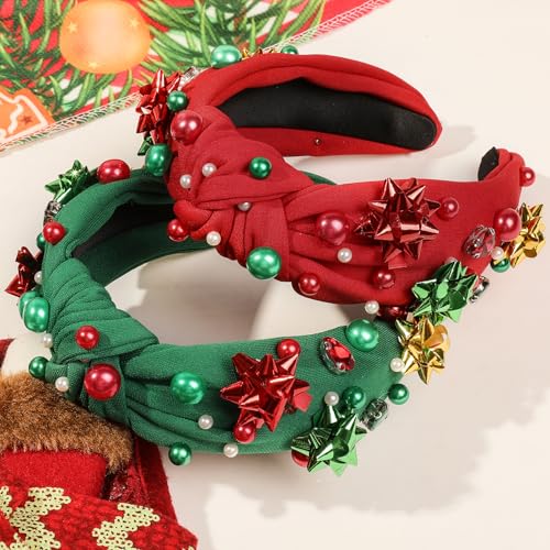 2 Pack Jeweled Plaid Headband with Crystals and Pearls - Knotted Hair Accessory