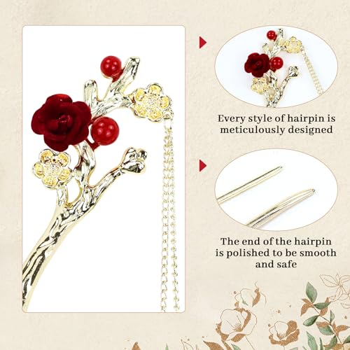 inSowni 8-Piece Vintage Gold Metal Hair Sticks with Flowers & Pearls for Women Girls - Traditional Chinese Style, Updo & Bun Holders, Model A