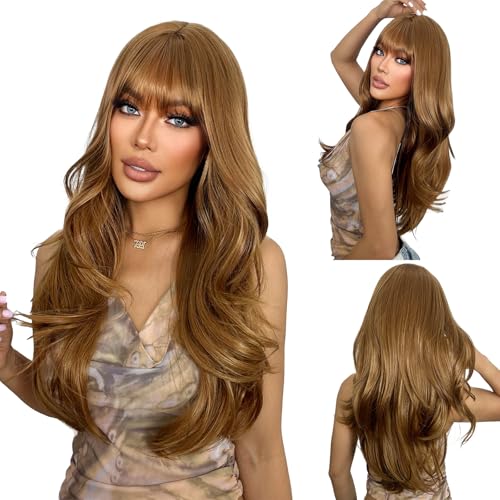 SUKRI Honey Blonde Wavy Long Wig with Bangs - 26 Inch Layered Hair for Women, Heat-Resistant Fiber, Beginner Friendly