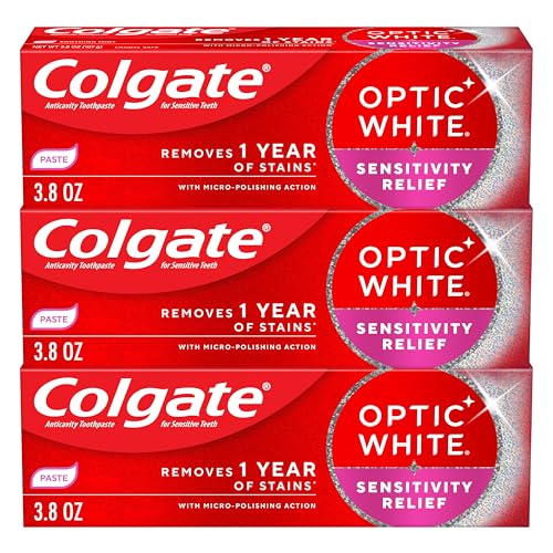 Colgate Optic White Sensitivity Relief Whitening Toothpaste, 3 Pack (3.8 oz)