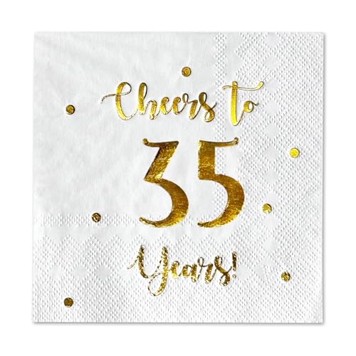 Cheers to 35 Years Cocktail Napkins - 50 Pack, 3-Ply White with Gold Foil