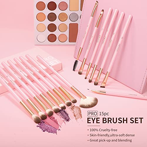 docolor Pink Eyeshadow Brush Set 15Pcs for Eye Makeup, Blending & Detail Work
