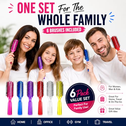 6 Pack Pocket Hair Brushes Set - Travel Detangling Brushes for All Hair Types