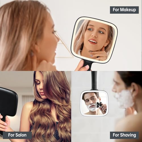 LOGUBYE Black Lighted Hand Mirror with 3 Light Colors, 6.2'' x 5.9'' Portable Makeup & Vanity Mirror