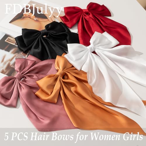 Black Satin Hair Bows & Clips Set for Women & Girls - 5 PCS, Non-Slip, Large Hair Accessories with Variation Colors