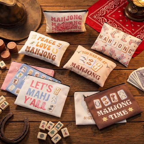 9 Pcs Mahjong Makeup Bag Set - Western Cowgirl Canvas Cosmetic Pouch