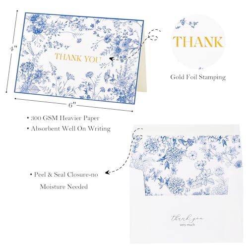 Crisky 25 Pack Blue Floral Thank You Cards with Envelopes