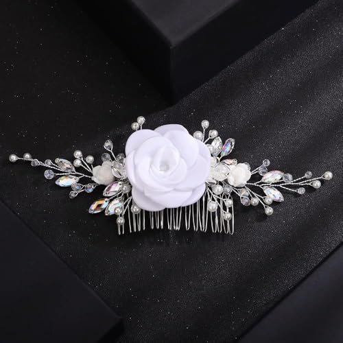 BERYUAN White Rose Wedding Hair Comb AB Rhinestones Bridal Headpiece for Women Girls