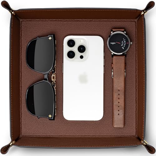 VLANDO Brown PU Leather Valet Tray Organizer - 8.5 Inch Catchall for Keys, Wallet, Phone, Jewelry