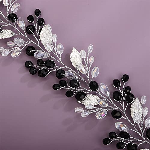 Black Crystal Bridal Hair Vine - Handmade Rhinestone Leaf Headband