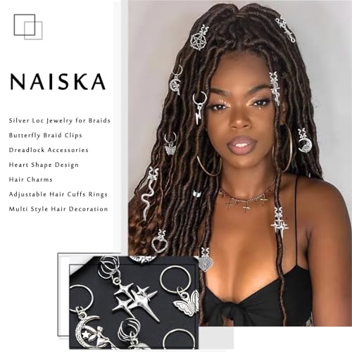 NAISKA 21PCS Silver Loc Jewelry - Butterfly Hair Clips, Dreadlock