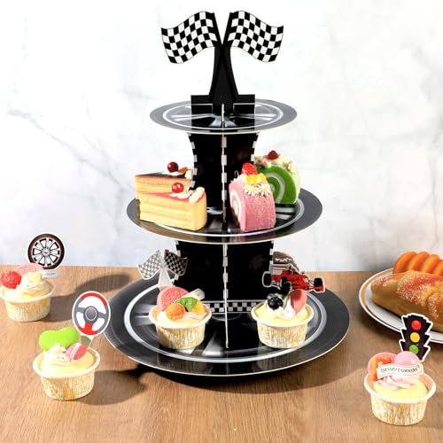Race Car Cupcake Stand with 24 Toppers - 3 Tier Dessert Holder