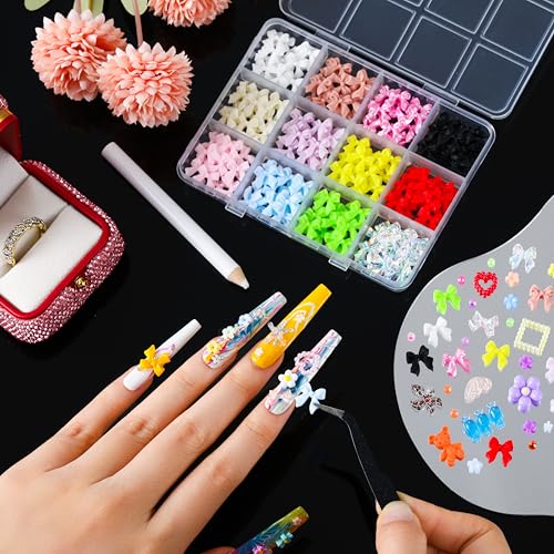 LERBOU Set 01 Bedazzling Nail Art Kit with Resin Gems Flowers Bowknot 24 Colors