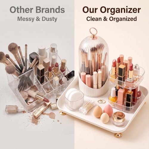 360° Rotating Makeup Brush Organizer with Lid – Acrylic Storage with 2 Trays