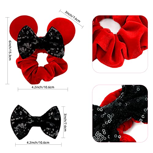 JOYFISCO Mouse Ear Scrunchies - 3 Pack Velvet Sequin Bow Hair Ties