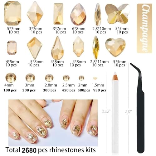 2680 Pcs Champagne Gold Nail Rhinestones & 120 Pcs Charms Set