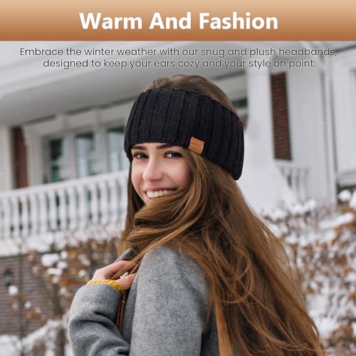 MUTKIS Winter Headbands for Women 3 Pack Black Beige Army Warm Wool Knit Ear Warmers