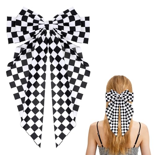 Checkered Bow Clips for Women - Black and White Racing Hair Accessory