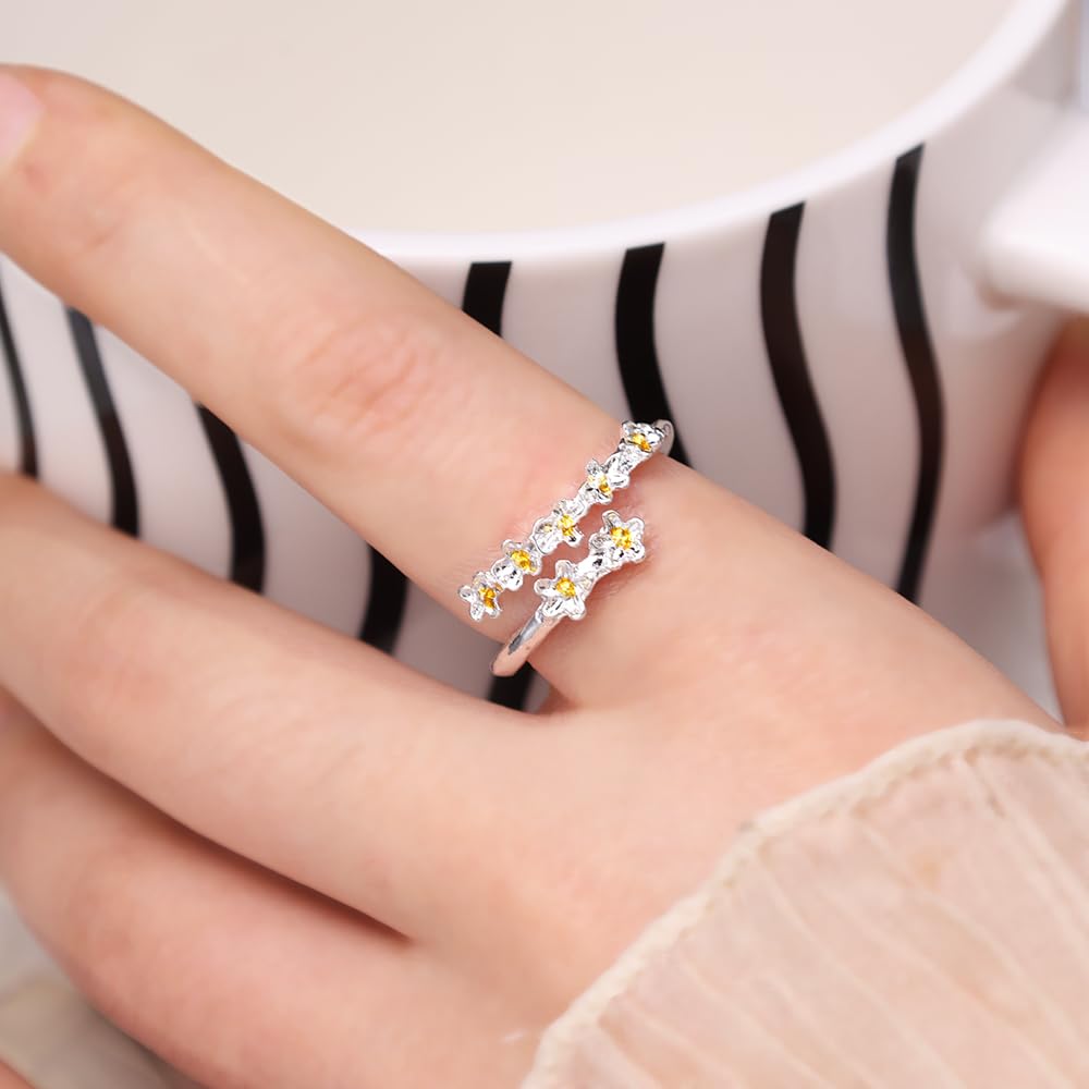 1 Pair Silver Dainty Camellia Flower Ring for Women Sparkling White Ring for Mother Daughter Elegant Wedding Jewelry Open Wrap Finger Band Graduation Gift