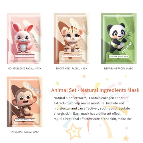 Animal Face Mask Sheet Set, Moisturizing Collagen Skincare for All Skin Types