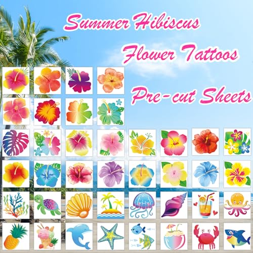 Glitter Hibiscus Temporary Tattoos - 96pcs Flower Stickers for Parties
