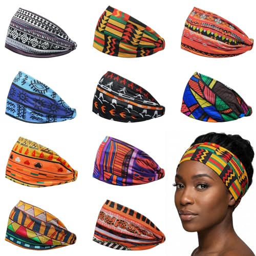 VASTRISE 10 Pack Wide Boho Headbands for Women - African Print Hair Wraps & Turbans
