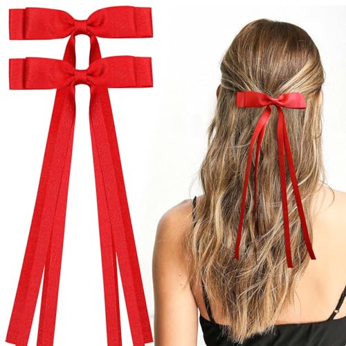 VOBOBE 2PCS Satin Glitter Hair Bows with Long Tails for Women & Girls