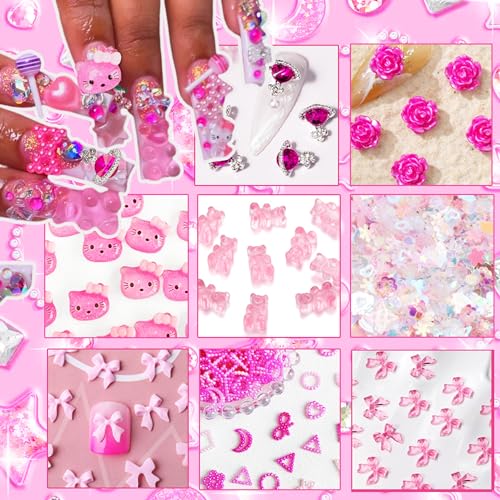 Pink Nail Charm Set - 3D Gummy Bear, Butterfly & Bow Designs