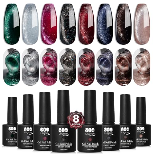 YTD Likomey 8-Color Cat Eye Gel Nail Polish Set - Magnetic Glitter UV Varnish, HEMA-Free, 0.25 Fl Oz Each