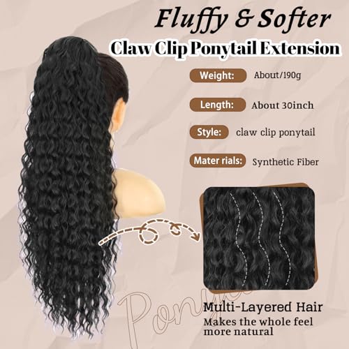 FREEMEIGE 30 Inch Long Wavy Claw Clip Ponytail Extension Synthetic Hairpiece