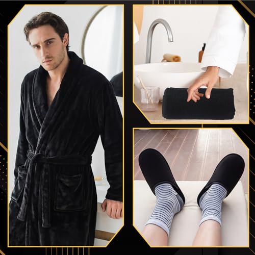 Hercicy 9 Packs Birthday Gifts for Men, Father Day Beard Care Ideas Set, Graduation Beard Grooming Bath Robe Slippers Nail Care Kit Towel Men's Gift Box for Husband Brother Dad(Black,Plush)