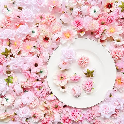 Artificial Pink Silk Rose Flower Heads - 50 Pack for DIY Crafts