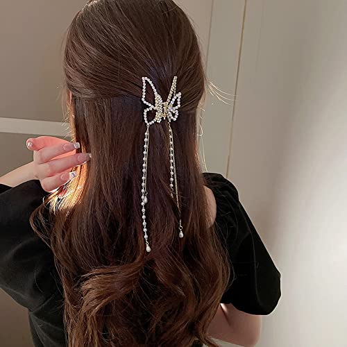 Gold Butterfly Hair Claw Clip with Pearl Chain Tassel - Elegant Hair Accessory for Women & Girls