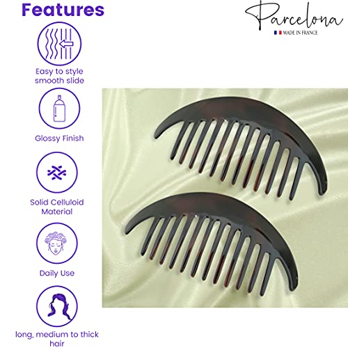 Parcelona Tortoise Shell Brown French Alice Hair Comb Set of 2 - Large 3.75" for Women & Girls