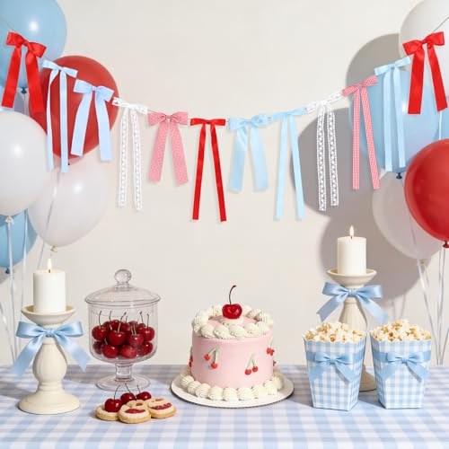 Cherry Gingham Bow Garland with Lace Accents - Party Decoration