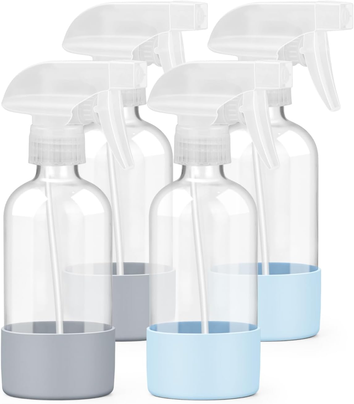 Glass Spray Bottles - 8 oz Refillable Containers with Silicone Sleeve Protection | Adjustable Nozzles in Blue & Grey