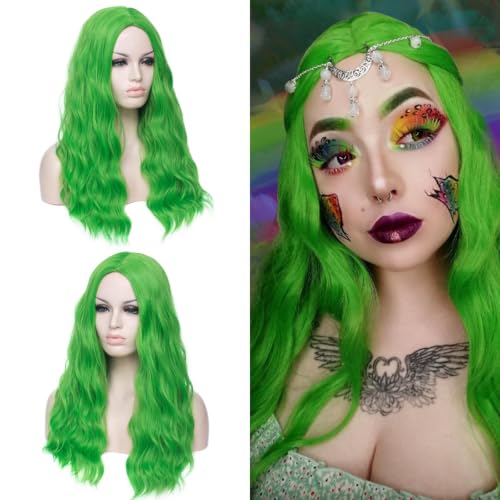 Green 24-Inch Long Curly Wavy Wig for Women Heat-Resistant Synthetic Cosplay & Party