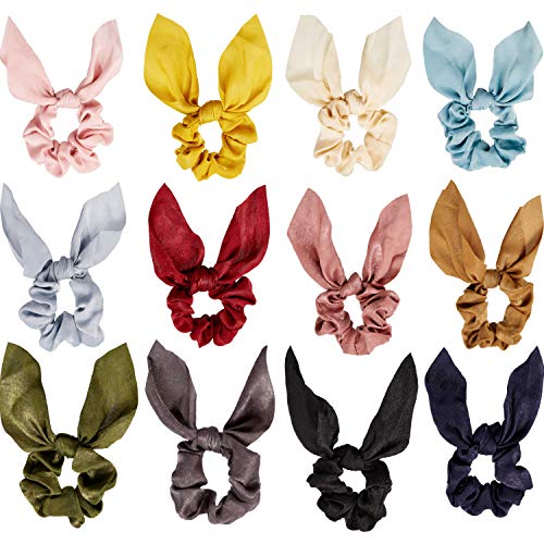 Yaomiao Satin Silk Bunny Ear Bow Scrunchies 12 Pack Hair Ties for Women