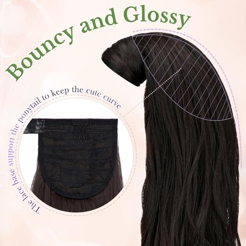 FELENDY 18" Dark Brown Wavy Ponytail Extension - Clip In Hairpiece