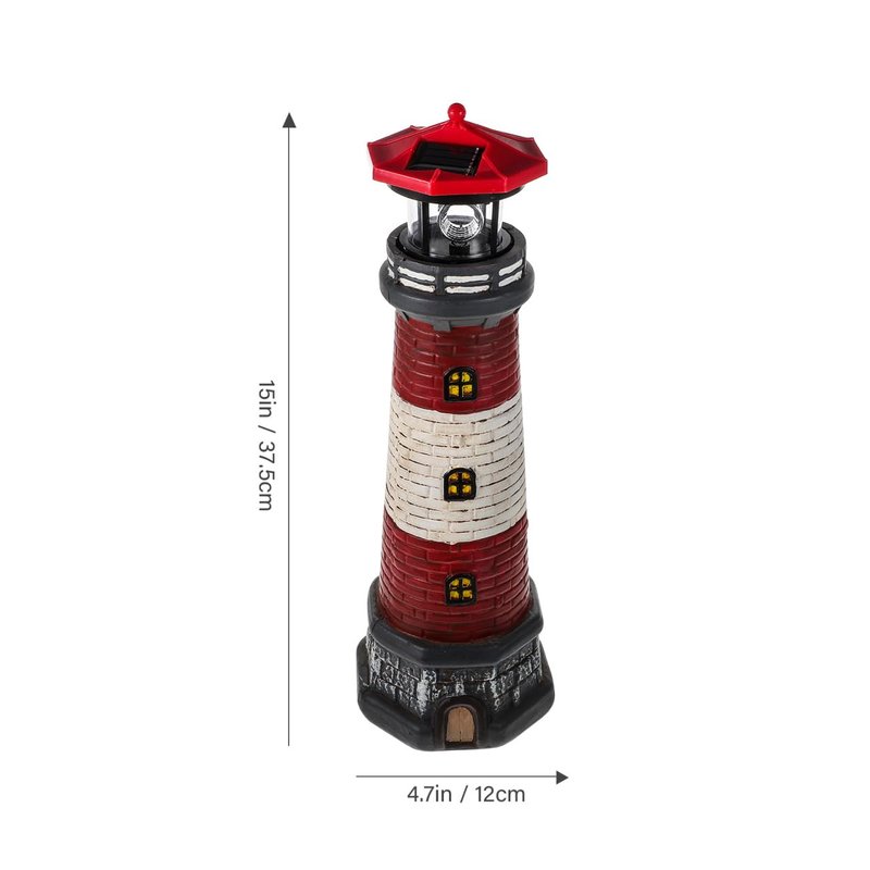 Solar Lighthouse Outdoor Statues, 360° Rotating Beacon Garden Lighthouse, 15" Light House for Outside Garden Yard Decor, Waterproof Resin Nautical Figurines for Patio Lawn Landscape Lighting (Red)