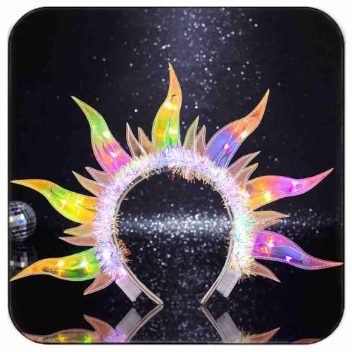 DRESBE Light Up Fire Headband - LED Sun Goddess Halo Headband (Colorful Light) for Women