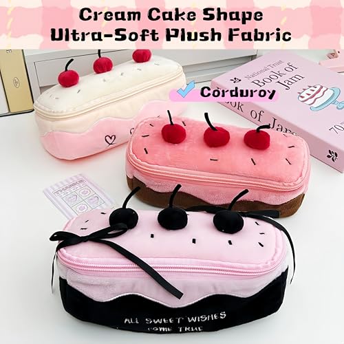 Corduroy Cherry Cake Pencil Case - Large Capacity Pouch, Black