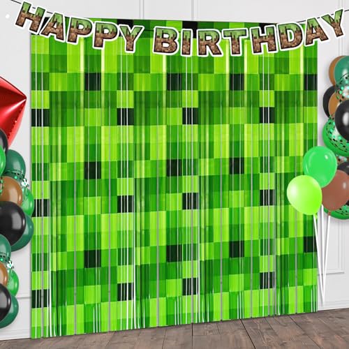 Green Pixel Foil Fringe Curtains - 2 Pack Video Game Party Backdrop